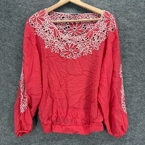 Leifnotes Blouse Women 2 Pink Floral Long Sleeve Round Neck Lined Casual Viscose